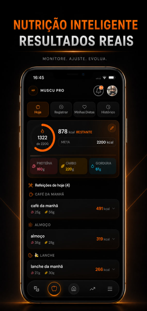 Tela de nutrição do app MuscuPRO mostrando 878 kcal restante, proteína 160g, carbo 220g e gordura 61g