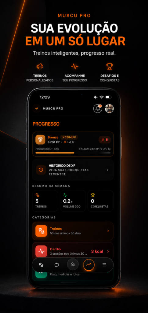Tela de progresso do app MuscuPRO mostrando Bronze 3758 XP, 5 treinos e conquistas da semana