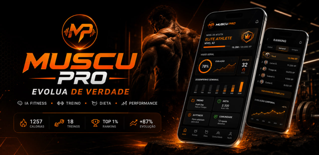 App MuscuPRO — Evolua de Verdade. IA Fitness, Treino, Dieta e Performance. Elite Athlete Nível 42 com 78% de evolução e ranking completo